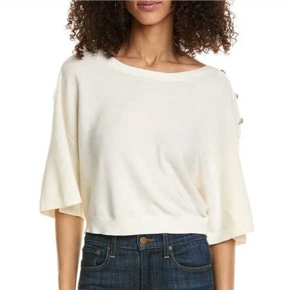 ba&sh Cream Bahi 3/4 Sleeve Boat Neck Jeweled Sweater Small - Picture 3 of 16